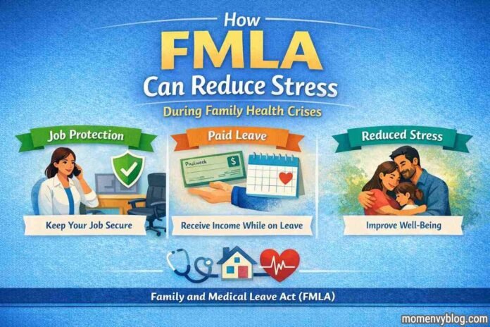 Infographic showing FMLA benefits like job security, paid leave, and reduced stress.