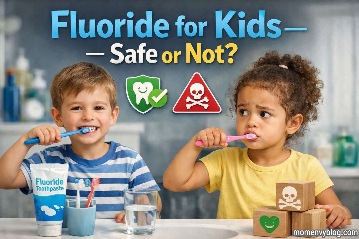 Two young children brushing their teeth in a bathroom, with fluoride toothpaste on the counter and the title “Fluoride for Kids — Safe or Not?” displayed above them.