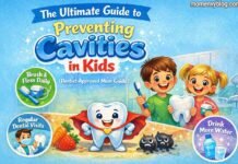 Happy kids learning dental care with toothbrushes and a superhero tooth character.