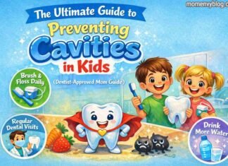 The Ultimate Guide to Preventing Cavities in Kids (Dentist Approved Mom Guide) Happy kids learning dental care with toothbrushes and a superhero tooth character.