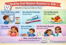Infographic showing daily oral hygiene routines for kids with illustrations and tips for moms.