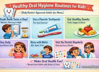 Healthy Oral Hygiene Routines for Kids (Daily Dentist-Approved Habits for Moms) Infographic showing daily oral hygiene routines for kids with illustrations and tips for moms.