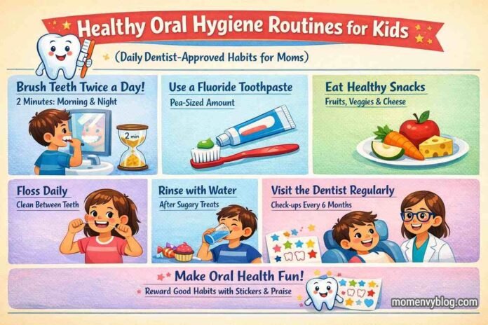 Infographic showing daily oral hygiene routines for kids with illustrations and tips for moms.