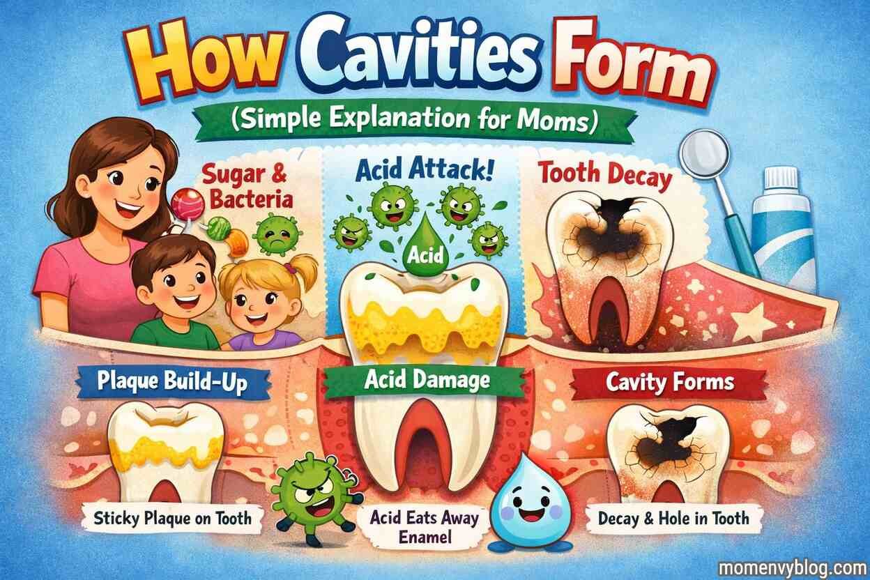 How cavities form in kids teeth showing plaque buildup acid damage and tooth decay in simple steps for moms