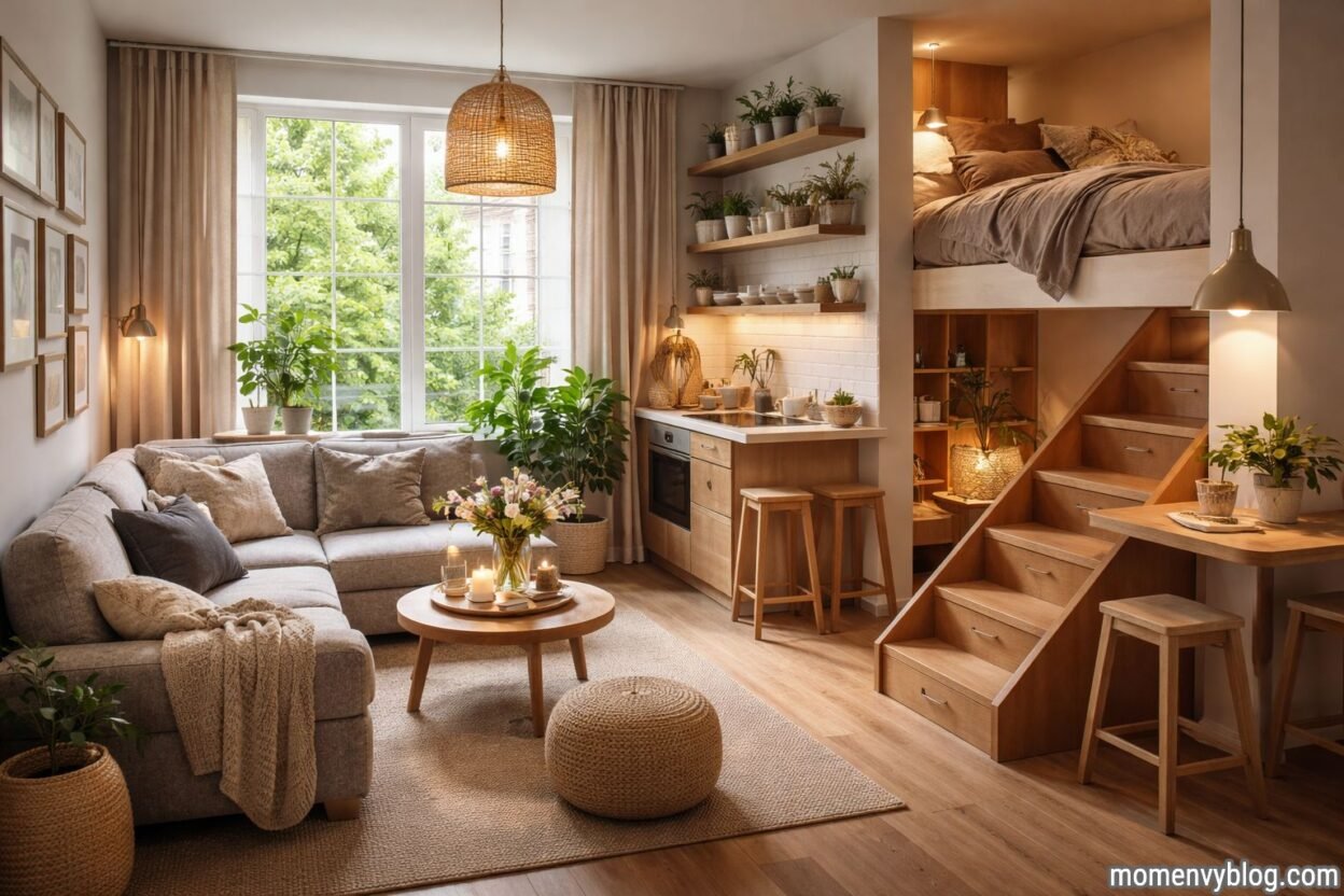 A cozy small apartment interior with a space-saving loft bed above wooden storage stairs, a compact kitchen, a soft neutral living area, natural wood furniture, indoor plants, and warm ambient lighting.