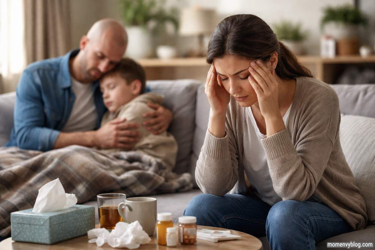 A worried mother sitting on a couch holding her head while a father comforts their sick child in the background, showing emotional stress during a family health crisis.