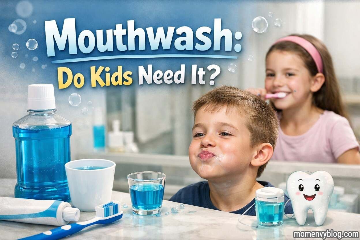 Two smiling children in a bright bathroom, one rinsing with green mouthwash and the other showing clean teeth, with the text “Mouthwash: Do Kids Need It?” displayed above.