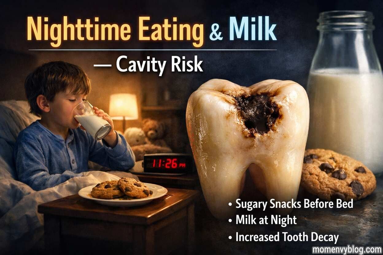Nighttime eating and drinking milk before bed increasing cavity risk, showing a child drinking milk at night alongside a decayed tooth and sugary snacks.