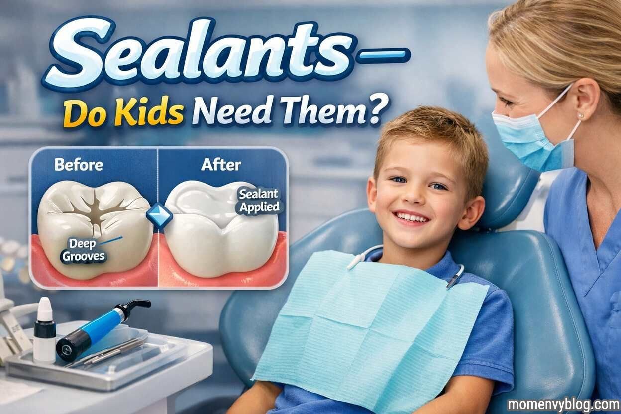 “Smiling child sitting in a dental chair during a checkup with a dentist, alongside a visual comparison of a tooth before and after dental sealant application explaining whether kids need sealants.”
