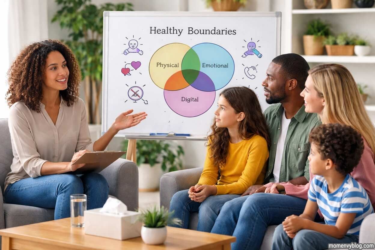 A family sitting together in a living room while a therapist guides a discussion about healthy personal boundaries during a family counseling session.
