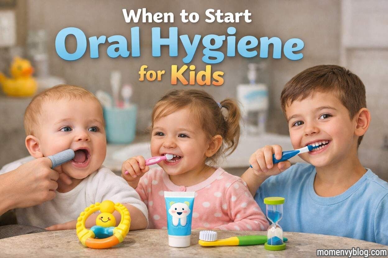 Three young children of different ages brushing their teeth in a bathroom, illustrating when to start oral hygiene for kids.
