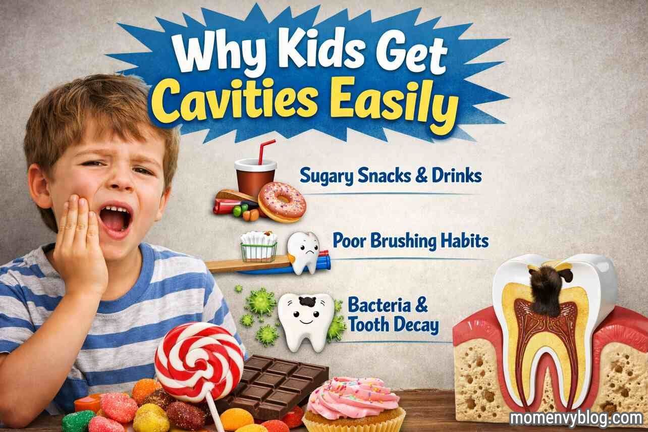 Child holding cheek with tooth pain surrounded by sugary snacks and dental illustrations explaining why kids get cavities easily