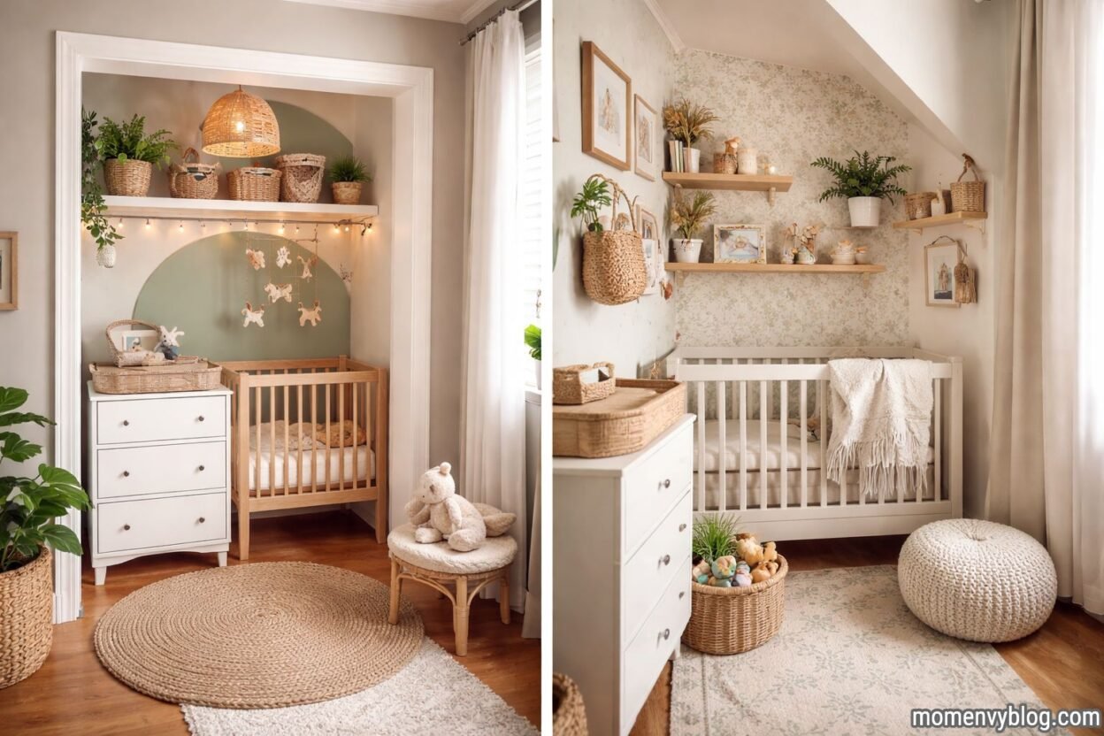 Two cozy micro nurseries designed in small spaces, featuring compact baby cribs, white storage drawers, woven baskets, wall shelves with plants and décor, soft neutral colors, and warm natural lighting.