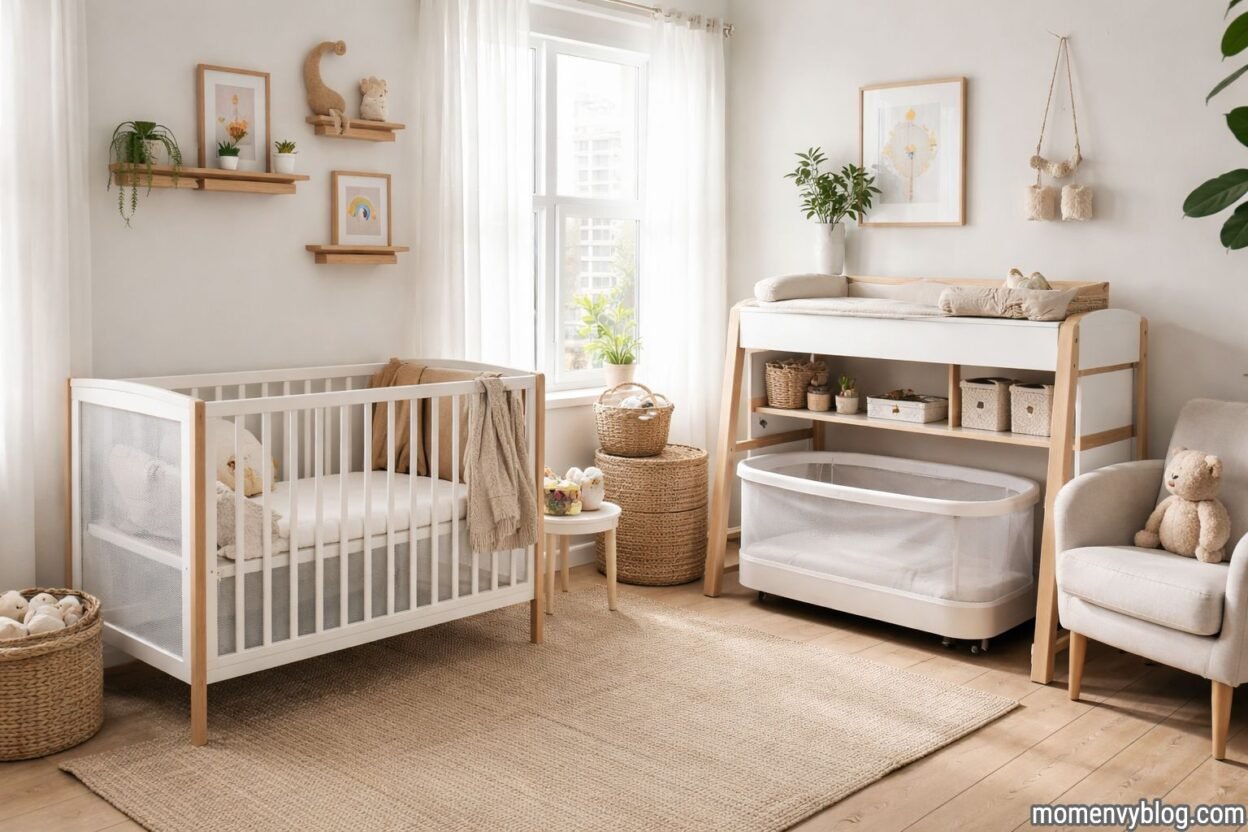 A bright, minimalist nursery featuring a white wooden crib, a natural wood changing table with storage baskets, a woven rug, soft neutral decor, indoor plants, and cozy baby accessories arranged in a calm, airy room.