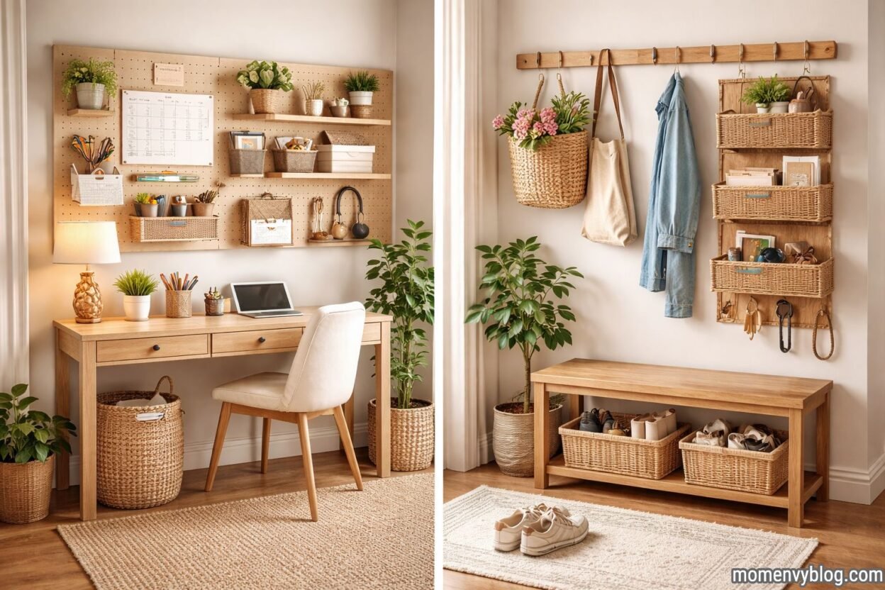 Two small-space organization setups featuring vertical wall storage, pegboard organizers, woven baskets, and light wood furniture, including a compact home office desk and an entryway bench with shoe storage in a neutral, natural-style interior.