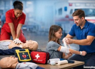 CPR and First Aid training with chest compressions and arm bandaging practice.