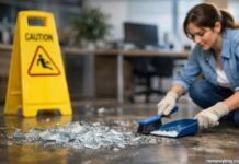 Woman wearing gloves sweeping broken glass into a dustpan in an office with a yellow caution sign in the background.