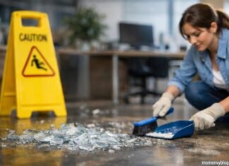 Stressed About Broken Glass? A Mom’s Guide to Keeping Your Workplace Safe and Stress-Free in Decatur, AL Woman wearing gloves sweeping broken glass into a dustpan in an office with a yellow caution sign in the background.