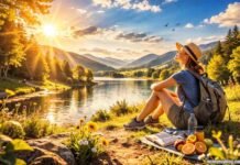 Woman enjoying sunshine therapy outdoors by a lake