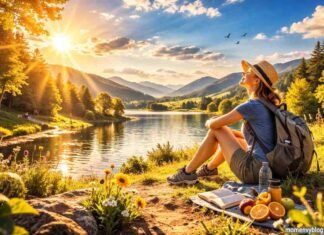Woman enjoying sunshine therapy outdoors by a lake