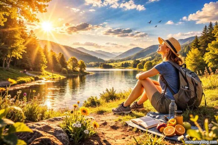 Woman enjoying sunshine therapy outdoors by a lake