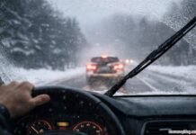 Driver’s view through a car windshield during heavy snow and rain, with windshield wipers clearing water and a vehicle ahead with red brake lights on a slippery road.