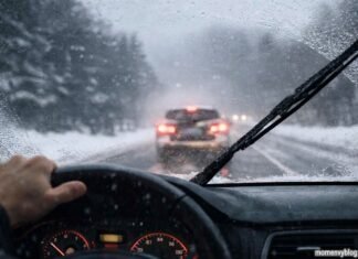 Driver’s view through a car windshield during heavy snow and rain, with windshield wipers clearing water and a vehicle ahead with red brake lights on a slippery road.