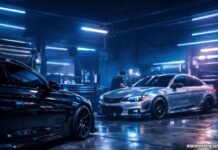 Customized car with premium window tinting in a modern auto workshop