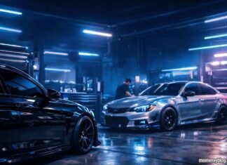 Customized car with premium window tinting in a modern auto workshop