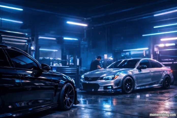 Customized car with premium window tinting in a modern auto workshop