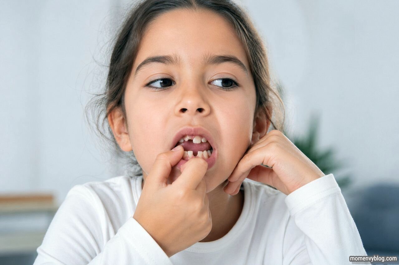 Child examining misaligned teeth in a close-up view, showing early signs of dental alignment issues.