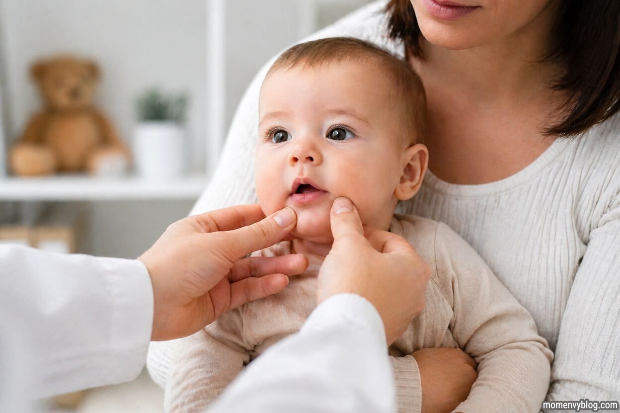Baby being gently examined by an adult while checking jaw and gums for delayed teething causes.