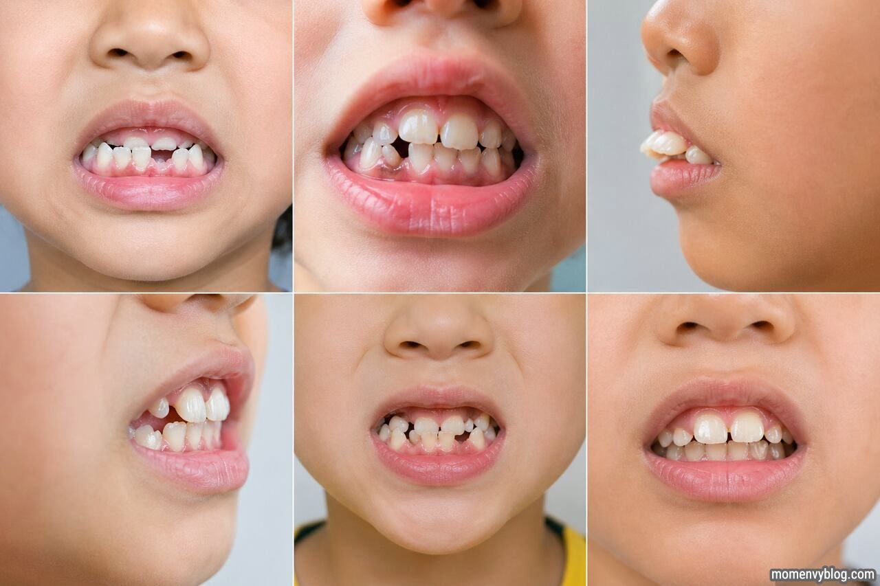Collage of close-up views of children’s teeth showing alignment issues such as crowding, gaps, overbite, underbite, and crooked teeth in a clean clinical setting.