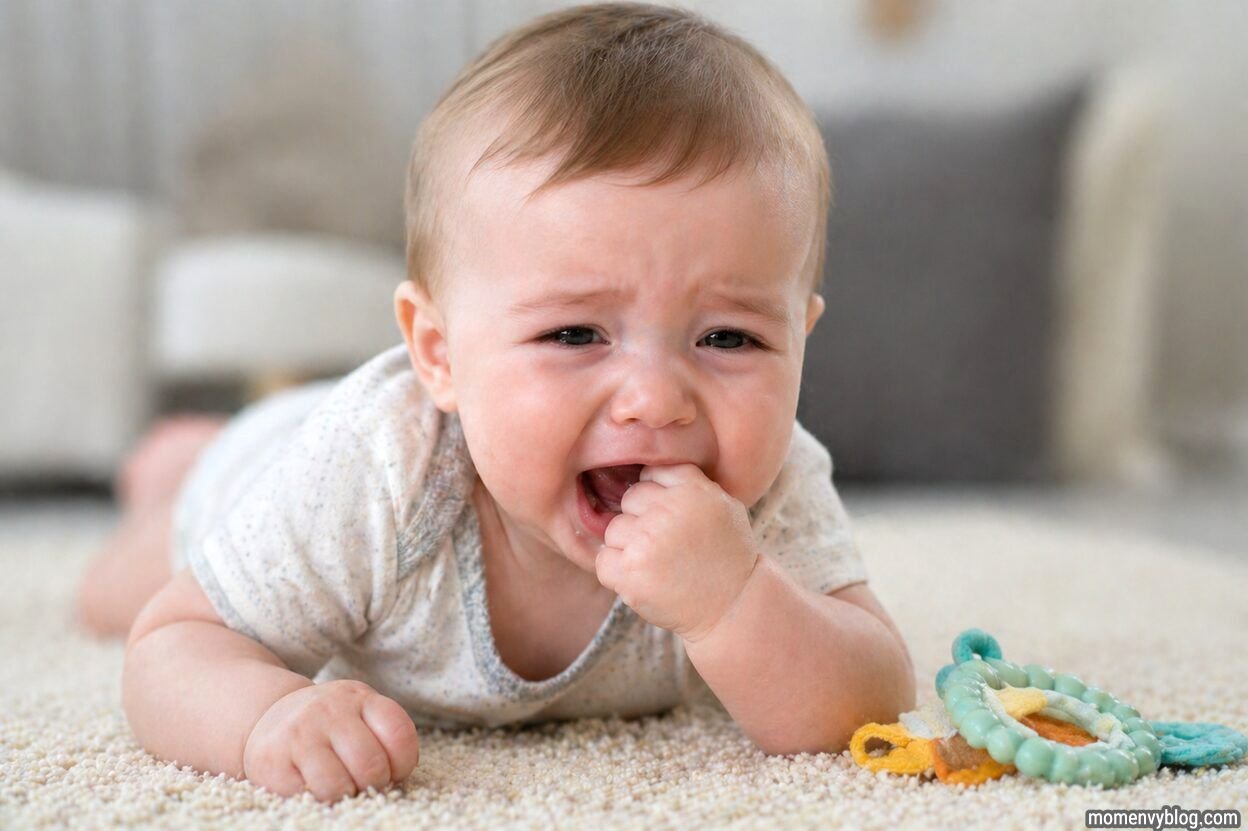Crying baby lying on a soft carpet, chewing on their fingers with a teething toy nearby, showing signs of discomfort.