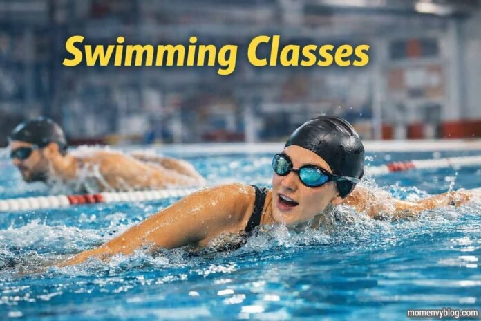 Swimming classes session with swimmer performing freestyle in pool