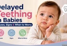 Baby looking concerned with delayed teething concept and icons showing causes, signs, and when to worry