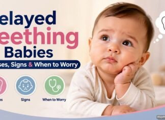 Baby looking concerned with delayed teething concept and icons showing causes, signs, and when to worry