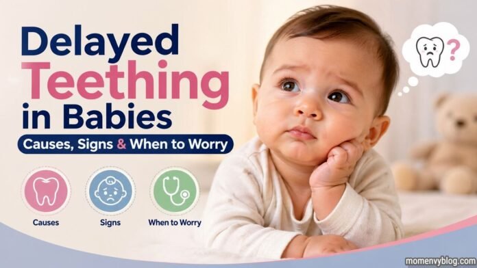 Baby looking concerned with delayed teething concept and icons showing causes, signs, and when to worry