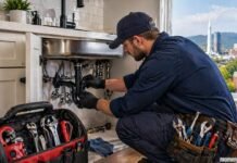 Plumber repairing pipes under a kitchen sink with tools nearby