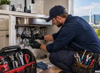 Plumber repairing pipes under a kitchen sink with tools nearby