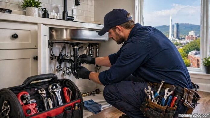 Plumber repairing pipes under a kitchen sink with tools nearby