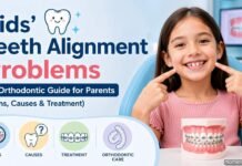 Child showing teeth with orthodontic braces model in clinic