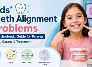 Child showing teeth with orthodontic braces model in clinic