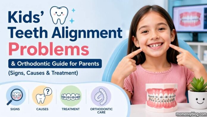 Child showing teeth with orthodontic braces model in clinic