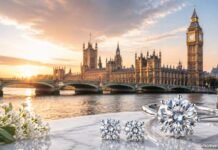 Lab-grown diamond ring and loose diamonds on marble with London skyline and Big Ben at sunset