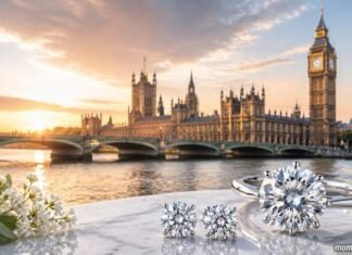 Lab-grown diamond ring and loose diamonds on marble with London skyline and Big Ben at sunset