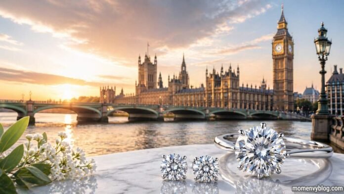 Lab-grown diamond ring and loose diamonds on marble with London skyline and Big Ben at sunset