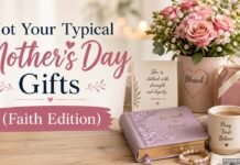Faith-inspired Mother’s Day gifts with Bible, flowers, and devotional items