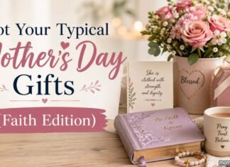 Faith-inspired Mother’s Day gifts with Bible, flowers, and devotional items
