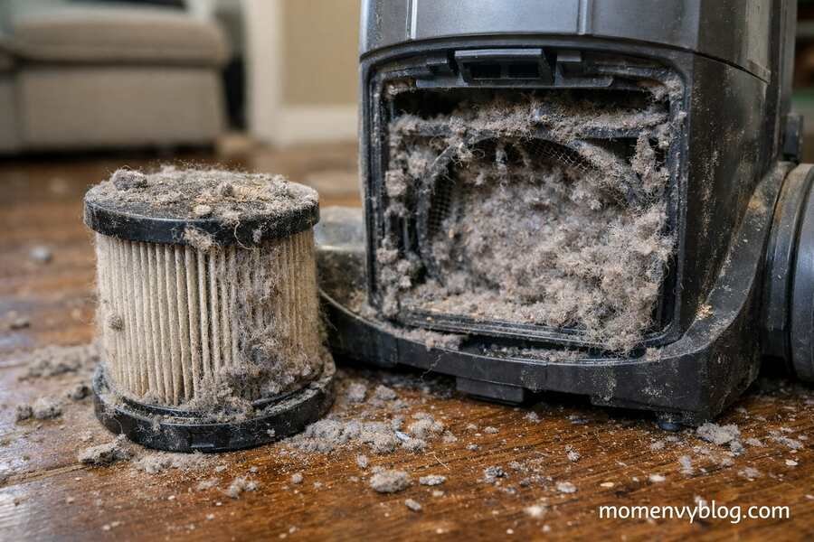 A dusty vacuum cleaner with a heavily clogged filter removed, surrounded by debris on a wooden floor, showing poor maintenance.